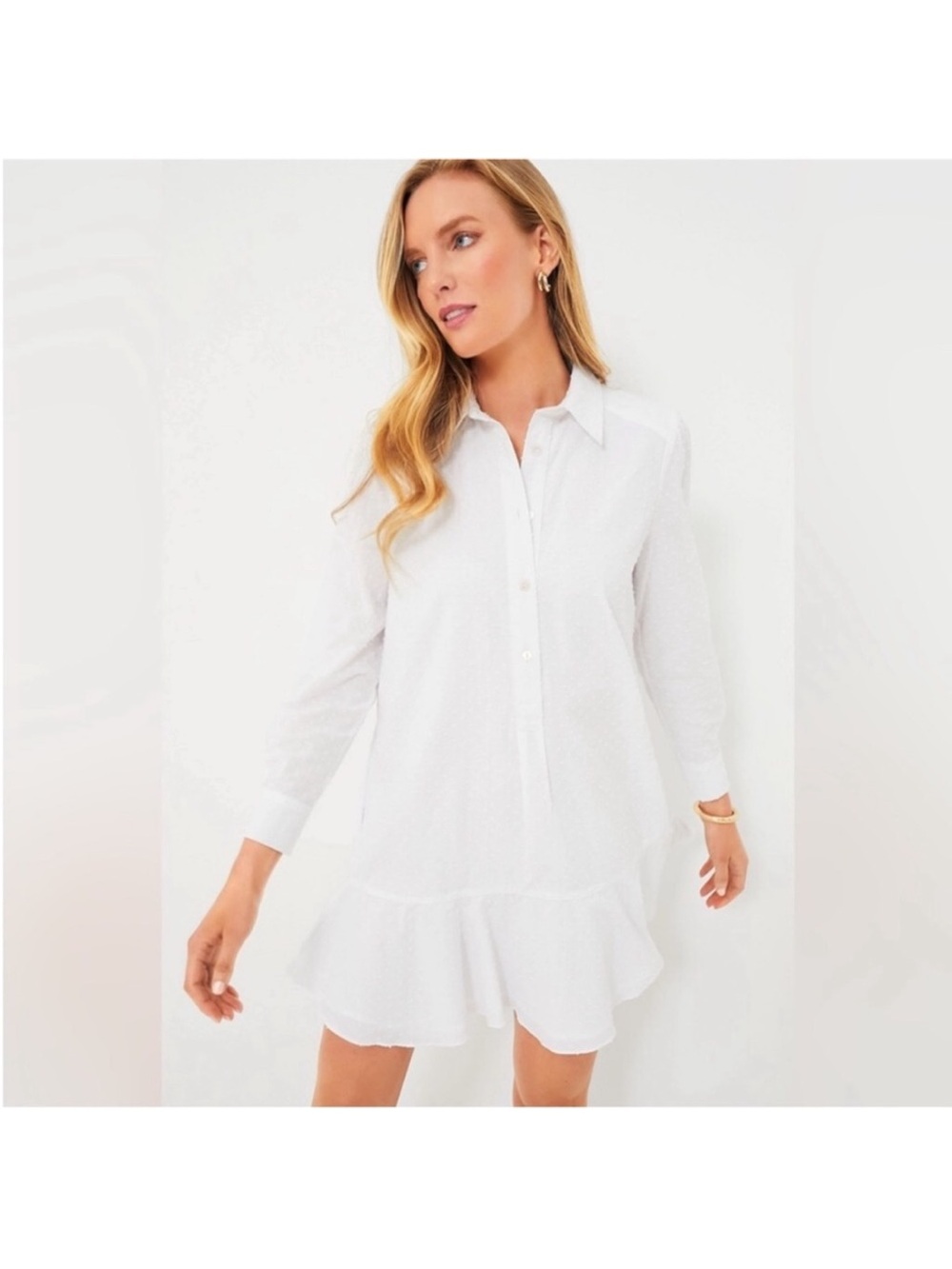 Tuckernuck White Button-Down Ruffle Hem Shirt Dress Swiss dot small